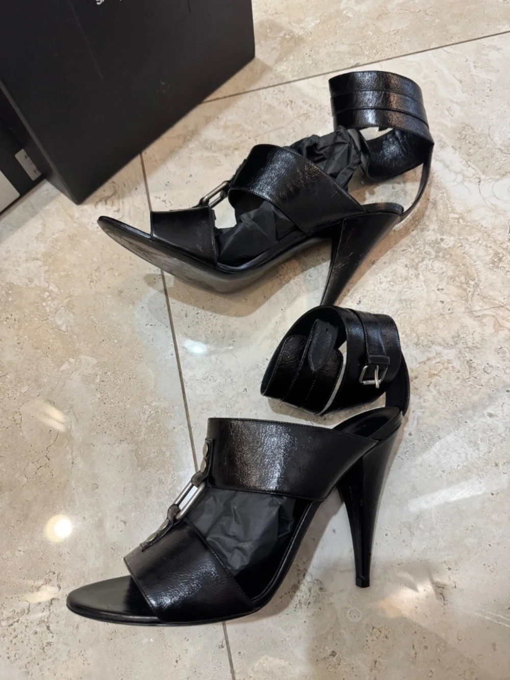 Saint Laurent Paris Black Leather Ankle Strap Stiletto Heels